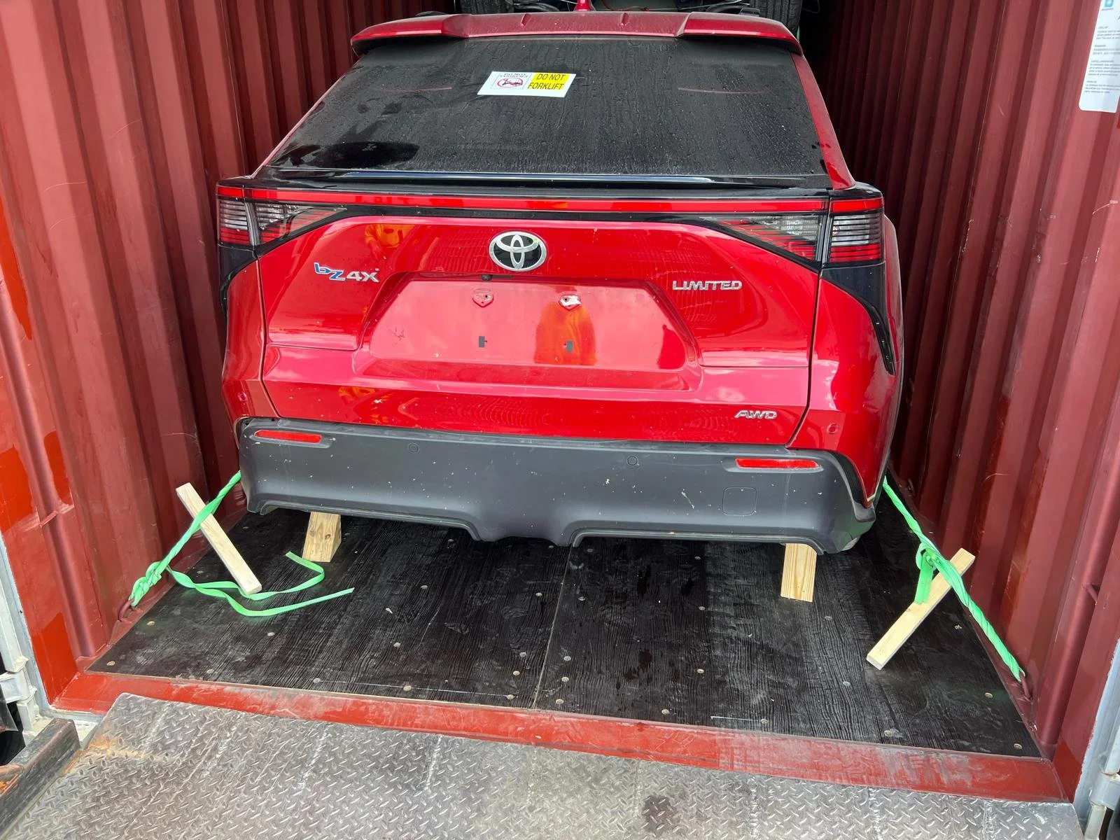 Car strapped and blocked inside a shipping container
